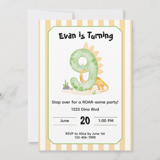 Editable Dinosaur 9th Birthday Invitation  (Devant)