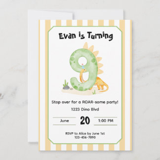 Editable Dinosaur 9th Birthday Invitation  Kaart