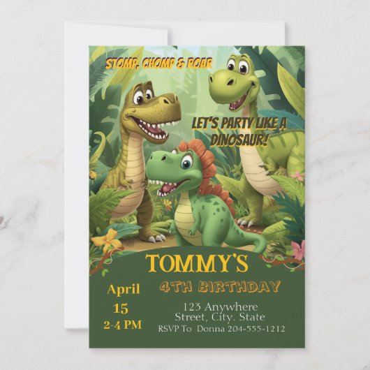 Editable Dinosaur Birthday Invitation Template (Devant)