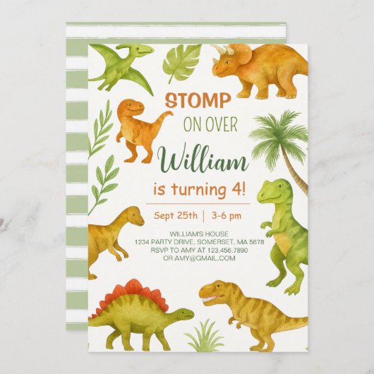 Editable Dinosaur Birthday Party Kaart (Voorkant / Achterkant)