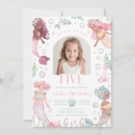 Editable Dive Into Five Mermaid Invitation (Devant)