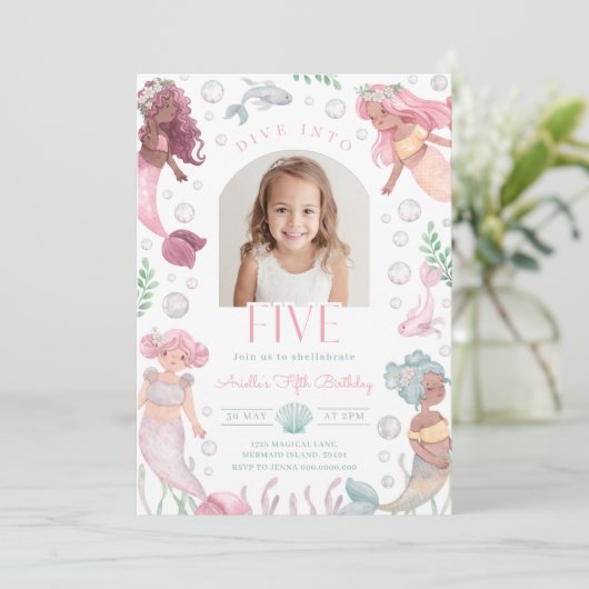 Editable Dive Into Five Mermaid Invitation (Debout devant)
