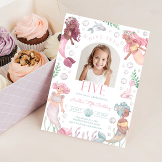 Editable Dive Into Five Mermaid Invitation Kaart