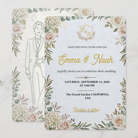 Editable Elegant Sage Gold Wedding Invitation (Devant / Derrière)