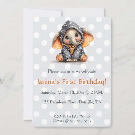 Editable Elephant in Polka Dots Birthday Kaart (Voorkant)
