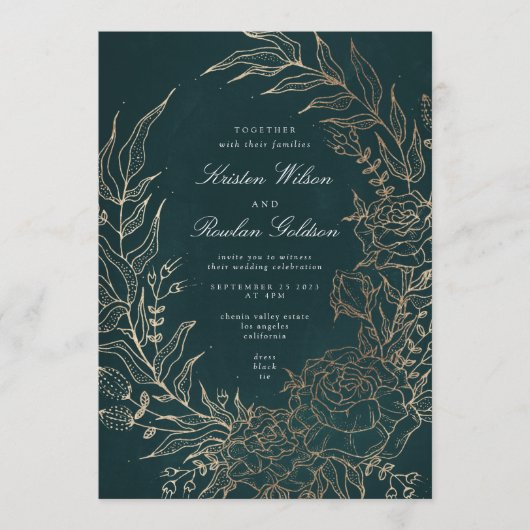 Editable Emerald Flower Wreath Gold Foil Wedding Kaart (Voorkant)
