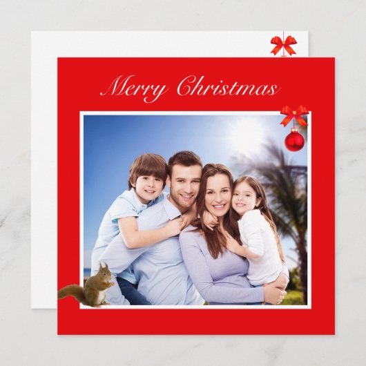 Editable Family Photo & Squirrel on Red Kerstmis (Voorkant / Achterkant)