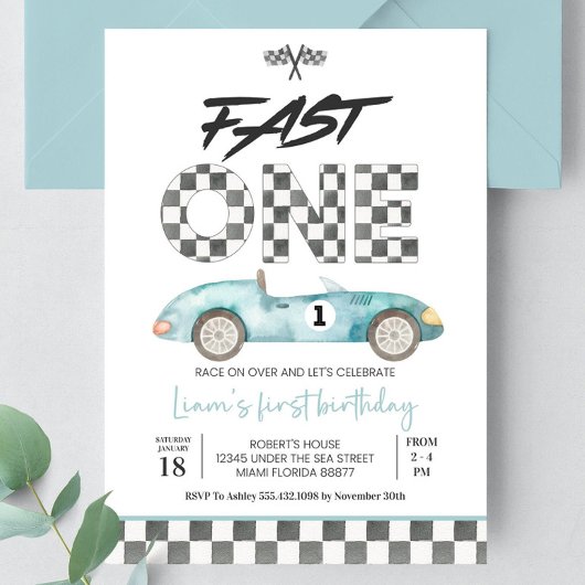 Editable Fast ONE Birthday Invitation Race Car 1er