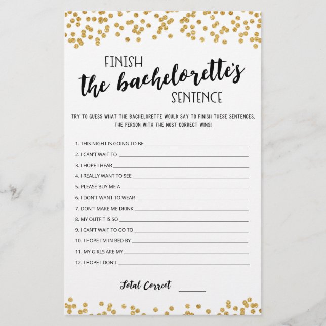 Editable Finish the Bachelorette's Sentence Game (Voorkant)