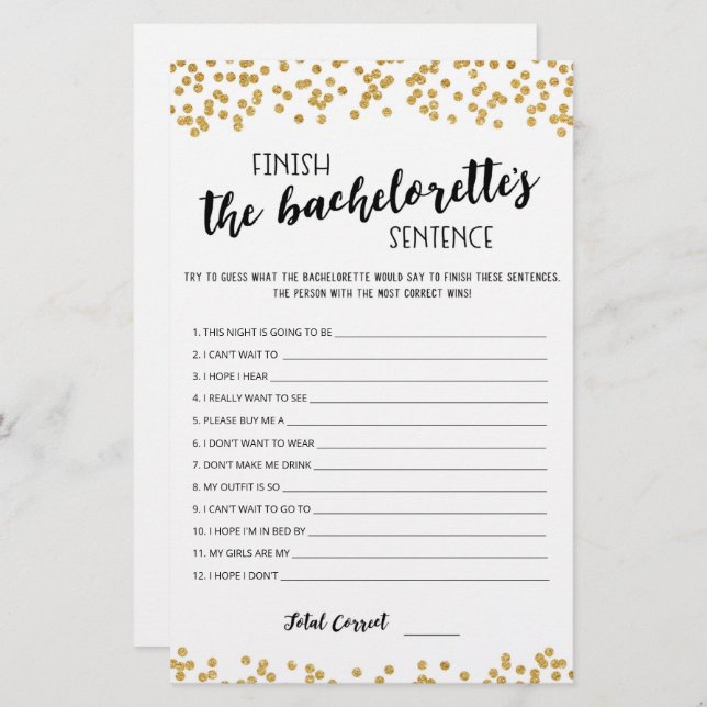 Editable Finish the Bachelorette's Sentence Game (Voorkant / Achterkant)