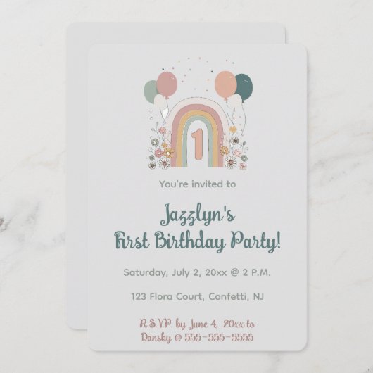  Editable First Birthday Party Invitation (Devant / Derrière)