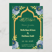 Editable floral Muslim wedding invitation Green  (Devant / Derrière)
