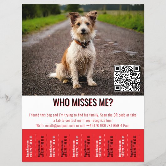 Editable Found Dog Poster With QR Code & Tear‑Off  Flyer (Voorkant)