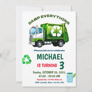 Editable Garbage Truck Birthday Party Invitation Kaart