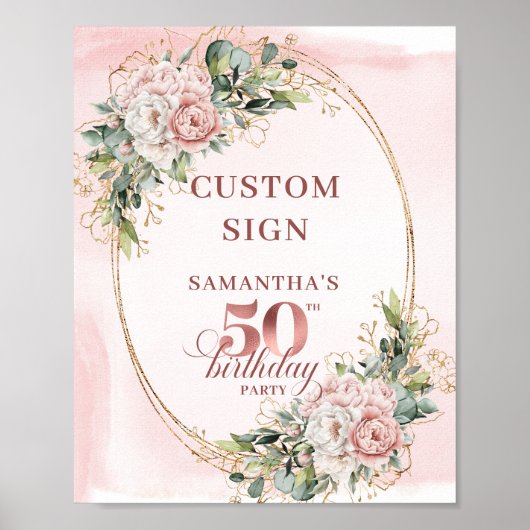 Editable Garden Blush Greenery 50th Birthday Table Poster (Voorkant)