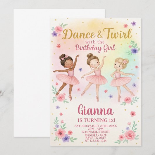 Editable Girl's Dance-uitnodiging Kaart (Voorkant / Achterkant)