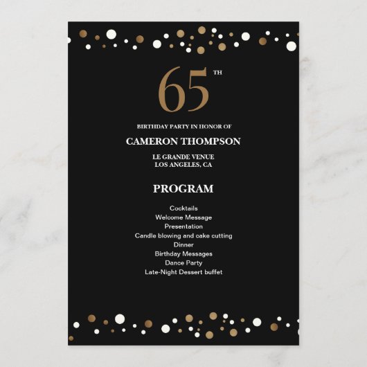 Editable Gold and Black confetti 65e verjaardag Programma (Achterkant)