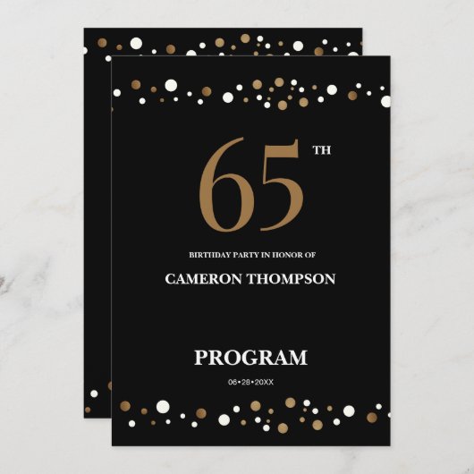 Editable Gold and Black confetti 65e verjaardag Programma (Voorkant / Achterkant)