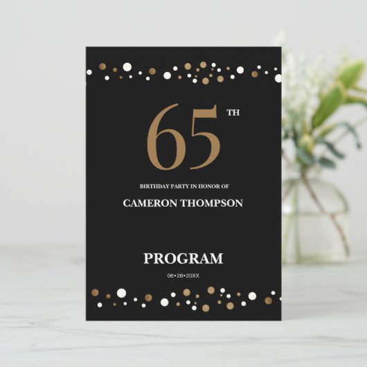 Editable Gold and Black confetti 65e verjaardag Programma (Staand voorkant)