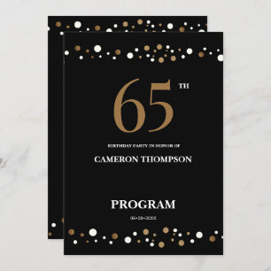 Editable Gold and Black confetti 65e verjaardag Programma