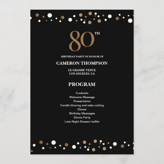 Editable Gold and Black confetti 80e verjaardag Programma (Achterkant)