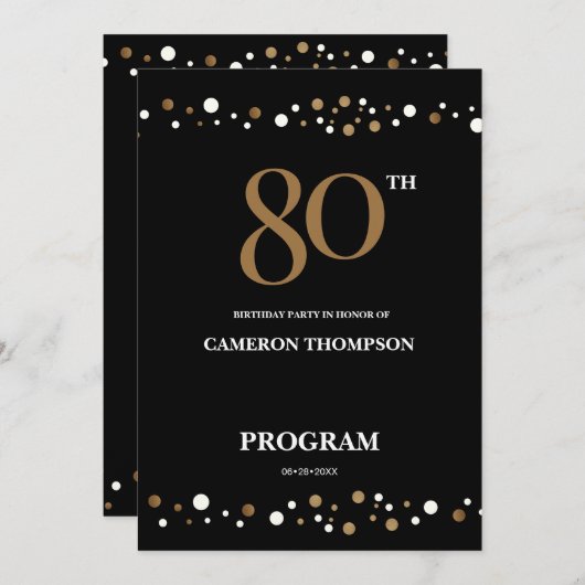 Editable Gold and Black confetti 80e verjaardag Programma (Voorkant / Achterkant)