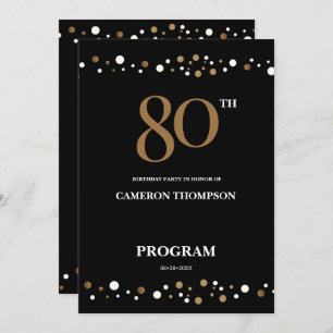 Editable Gold and Black confetti 80e verjaardag Programma