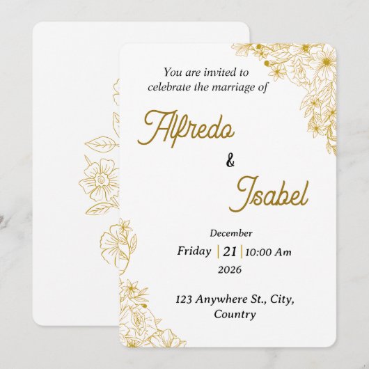 Editable Gold Floral Wedding Invitation Template (Devant / Derrière)