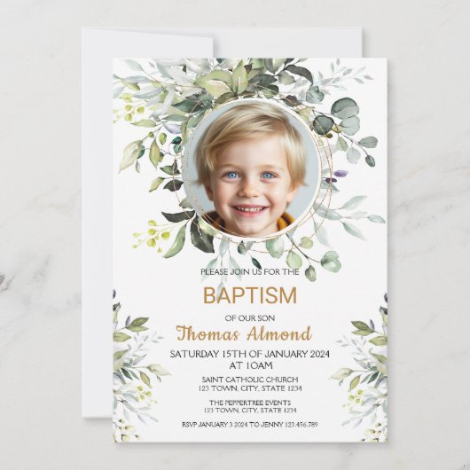 Editable Greenery Photo Baptism Invitation Boy (Devant)