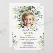 Editable Greenery Photo Baptism Invitation Boy (Devant / Derrière)