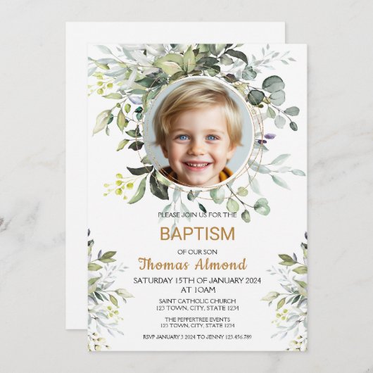Editable Greenery Photo Baptism Invitation Boy (Devant / Derrière)