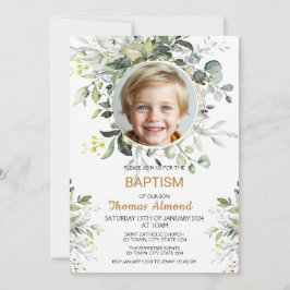 Editable Greenery Photo Baptism Invitation Boy Kaart
