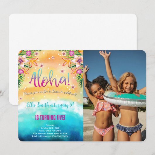 Editable Hawaiian Birthday Kids Photo Invitation (Devant / Derrière)