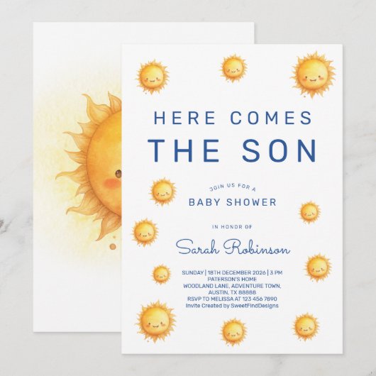 Editable Here Comes The Son Baby Shower Kaart (Voorkant / Achterkant)