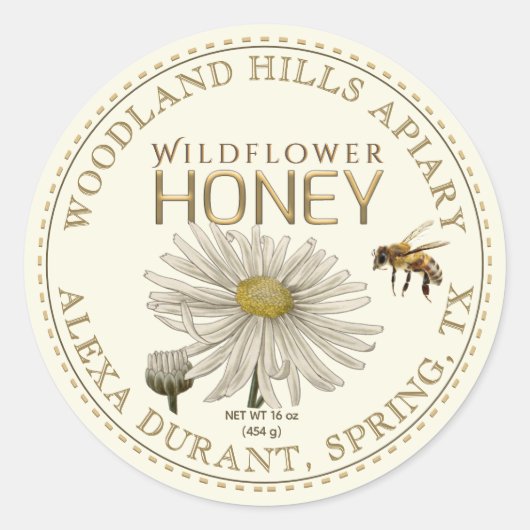 Editable Honey Jar Bee Wildflower Label Ivory (Voorkant)