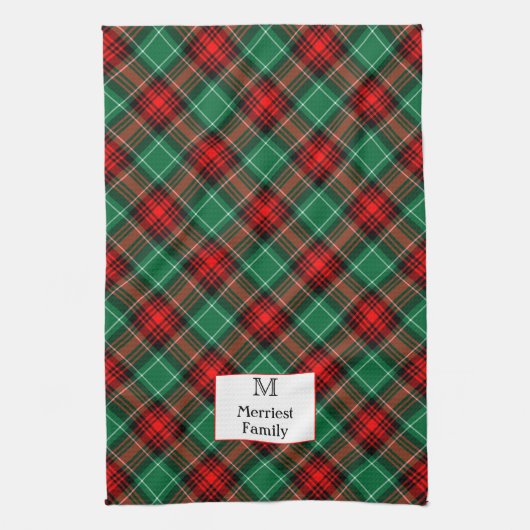 Editable Initial andl Name Green Red Holiday Plaid Theedoek (Verticaal)