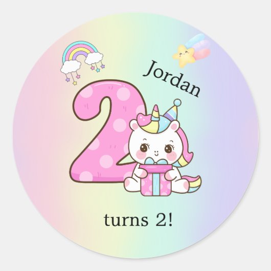 Editable Kids Birthday Sticker Cute Unicorn Party (Devant)