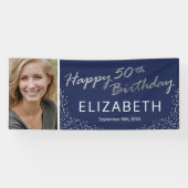 Editable Navy Blue Silver 50th Birthday Foto Spandoek (Horizontaal)