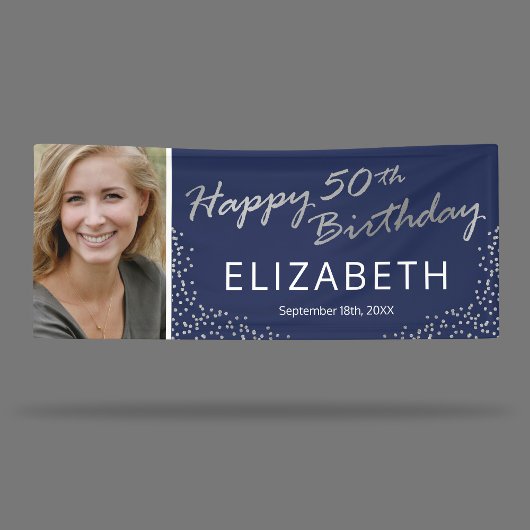 Editable Navy Blue Silver 50th Birthday Foto Spandoek