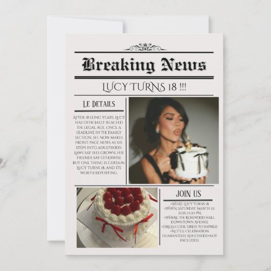 Editable Newspaper Birthday Invitation Template  (Devant)