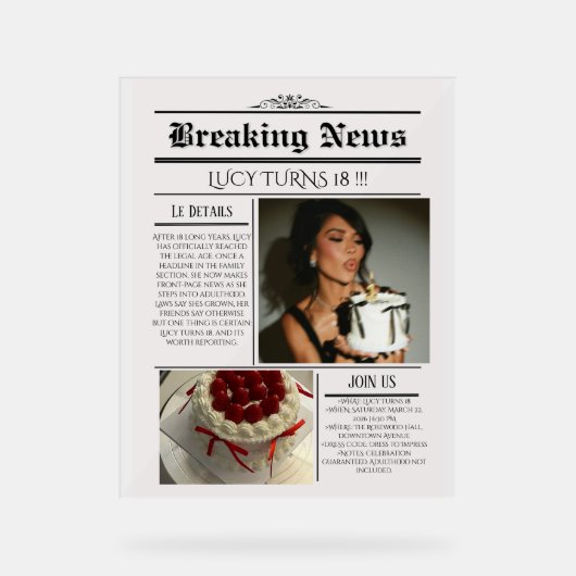 Editable Newspaper Birthday Invitation Template  Acryl Bord (Voorkant)