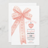 Editable Peach Bow First Girl Birthday Invitation  (Devant / Derrière)