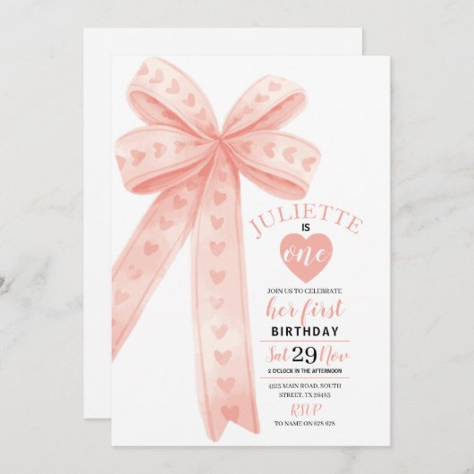 Editable Peach Bow First Girl Birthday Invitation (Devant / Derrière)