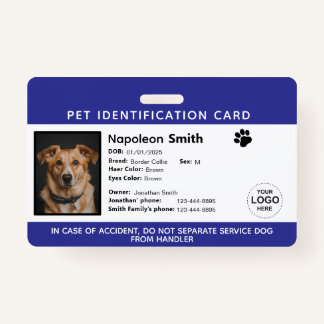 Editable Pet ID Card ,Navy White Service Dog Logo Badge