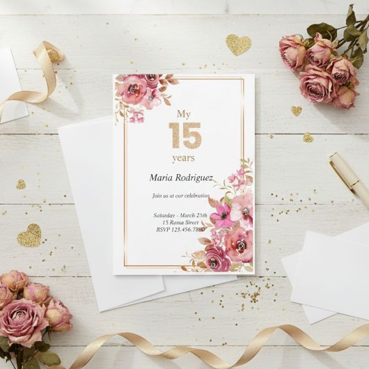 Editable Pink and Gold Quinceañera Invitation