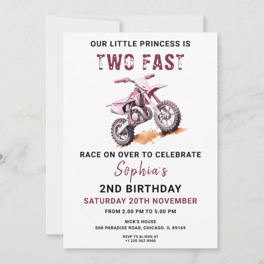 Editable Pink Dirt Bike 2e Invitation anniversaire (Devant)