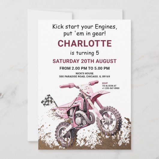 Editable Pink Dirt Vélo Anniversaire Invitation (Devant)