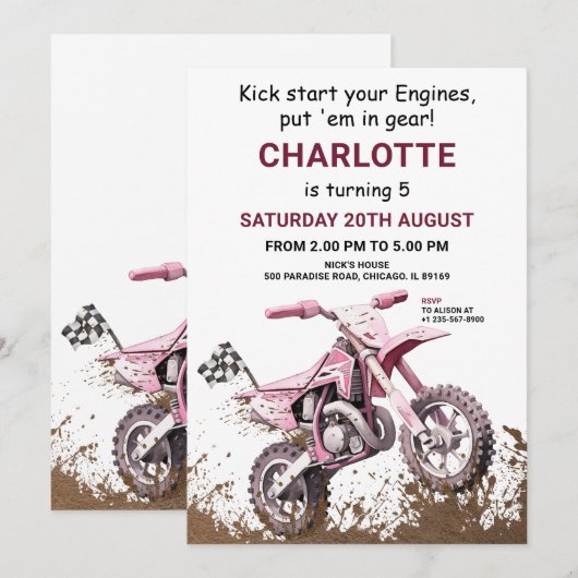 Editable Pink Dirt Vélo Anniversaire Invitation (Devant / Derrière)