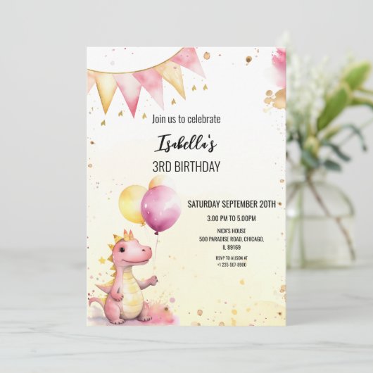 Editable Pink Dragon Birthday Invitation (Debout devant)