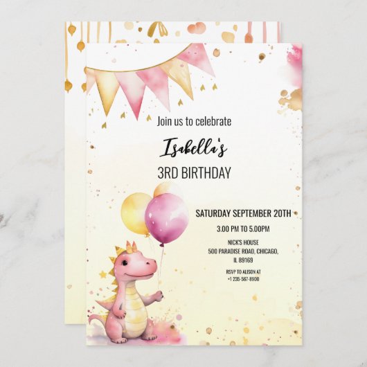 Editable Pink Dragon Birthday Invitation (Devant / Derrière)